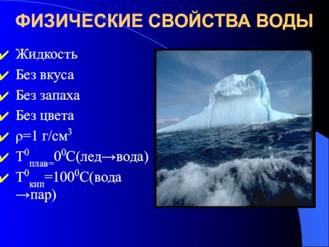 ФИЗИЧЕСКИЕ СВОЙСТВА ВОДЫ Жидкость Без вкуса Без запаха Без цвета ρ=1 г/см3 T0плав=00С(лед→вода) T0кип=1000С(вода →пар)