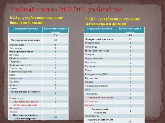 8 «А»- углубленное изучение биологии и химии Учебный план на 2010-2011 учебный