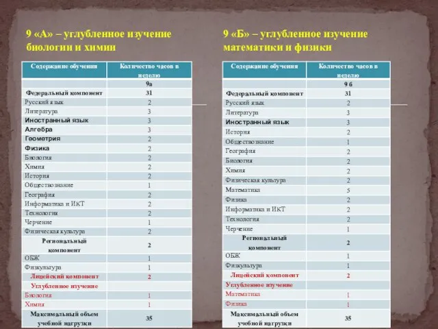 9 «А» – углубленное изучение биологии и химии 9 «Б» – углубленное изучение математики и физики