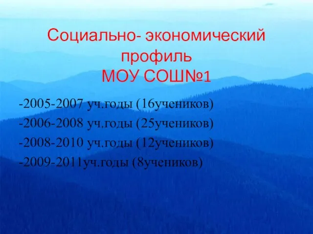 Социально- экономический профиль МОУ СОШ№1 -2005-2007 уч.годы (16учеников) -2006-2008 уч.годы (25учеников) -2008-2010 уч.годы (12учеников) -2009-2011уч.годы (8учеников)