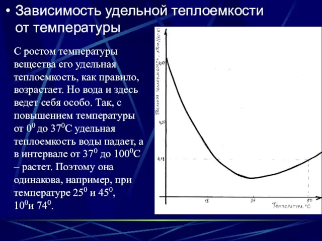 Зависимость удельной теплоемкости от температуры С ростом температуры вещества его удельная теплоемкость,