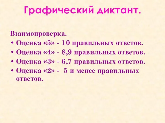 Графический диктант. Взаимопроверка. Оценка «5» - 10 правильных ответов. Оценка «4» -