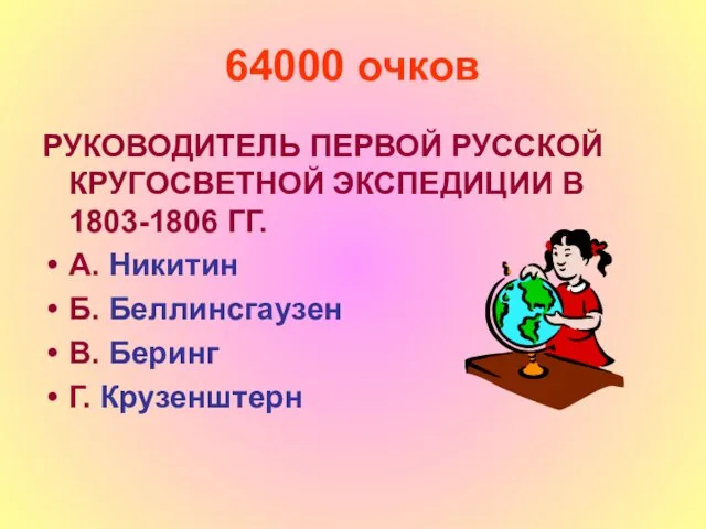 64000 очков РУКОВОДИТЕЛЬ ПЕРВОЙ РУССКОЙ КРУГОСВЕТНОЙ ЭКСПЕДИЦИИ В 1803-1806 ГГ. А. Никитин