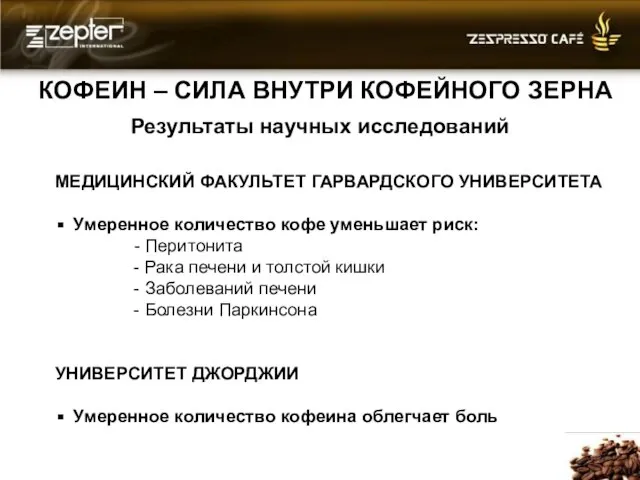 КОФЕИН – СИЛА ВНУТРИ КОФЕЙНОГО ЗЕРНА Результаты научных исследований МЕДИЦИНСКИЙ ФАКУЛЬТЕТ ГАРВАРДСКОГО