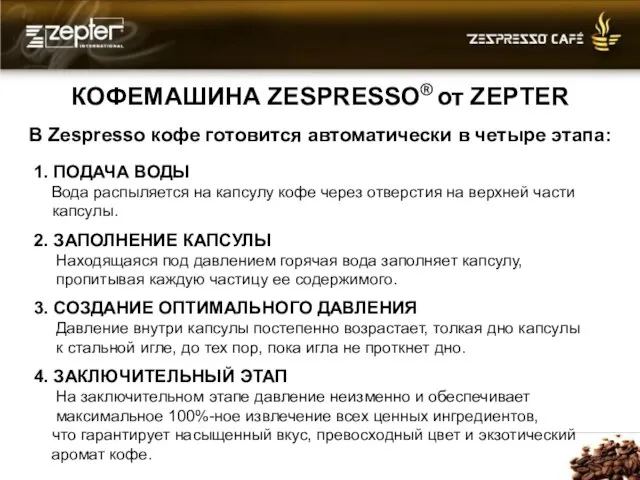 КОФЕМАШИНА ZESPRESSO® от ZEPTER В Zespresso кофе готовится автоматически в четыре этапа: