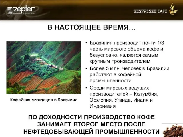 В НАСТОЯЩЕЕ ВРЕМЯ… Бразилия производит почти 1/3 часть мирового объема кофе и,