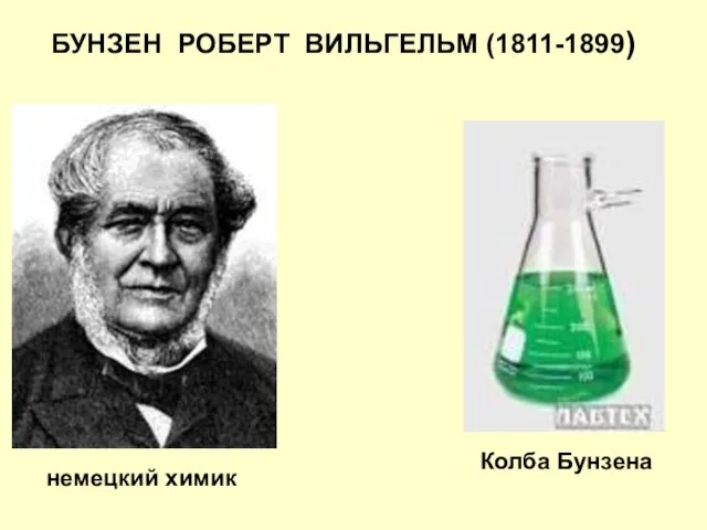 БУНЗЕН РОБЕРТ ВИЛЬГЕЛЬМ (1811-1899) Колба Бунзена немецкий химик
