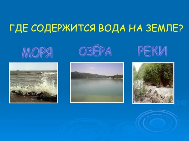 ГДЕ СОДЕРЖИТСЯ ВОДА НА ЗЕМЛЕ? МОРЯ ОЗЁРА РЕКИ