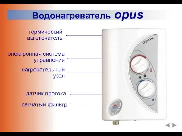 термический выключатель нагревательный узел электронная система управления датчик протока сетчатый фильтр Водонагреватель opus