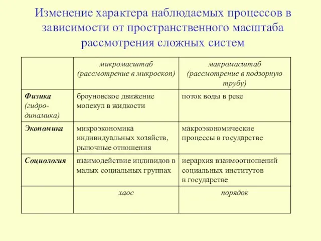 Изменение характера наблюдаемых процессов в зависимости от пространственного масштаба рассмотрения сложных систем