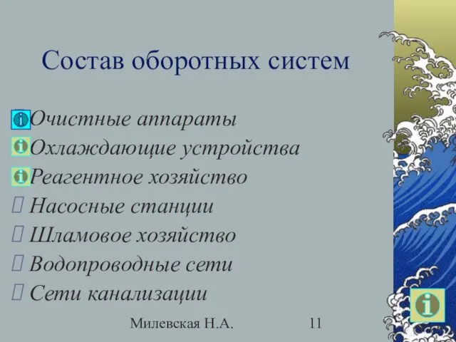 Милевская Н.А. Состав оборотных систем Очистные аппараты Охлаждающие устройства Реагентное хозяйство Насосные