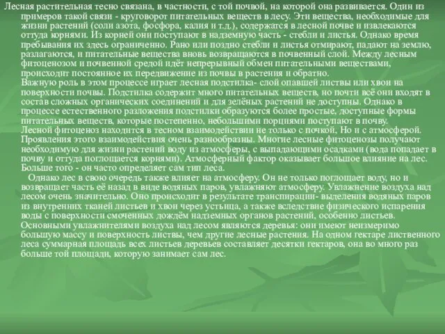 Лесная растительная тесно связана, в частности, с той почвой, на которой она