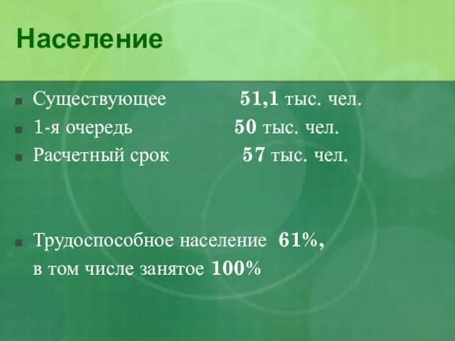 Население Существующее 51,1 тыс. чел. 1-я очередь 50 тыс. чел. Расчетный срок