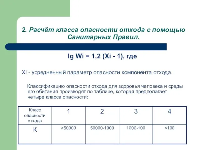 2. Расчёт класса опасности отхода с помощью Санитарных Правил. lg Wi =