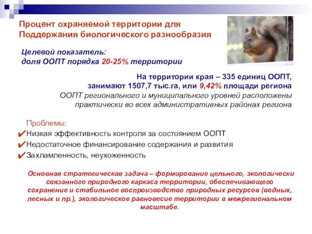 Целевой показатель: доля ООПТ порядка 20-25% территории На территории края – 335