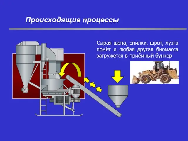 Сырая щепа, опилки, шрот, лузга помёт и любая другая биомасса загружется в приёмный бункер Происходящие процессы