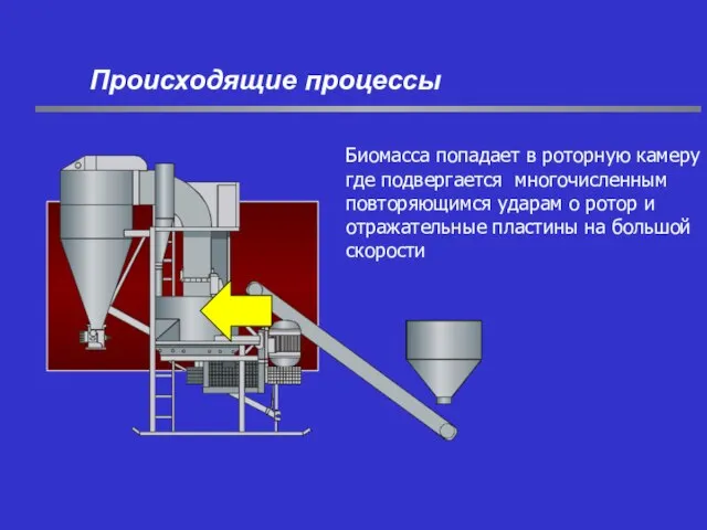 Биомасса попадает в роторную камеру где подвергается многочисленным повторяющимся ударам о ротор