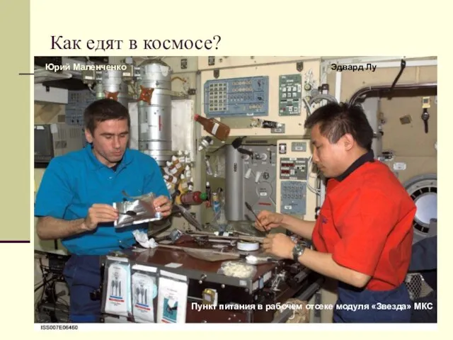 Как едят в космосе? Пункт питания в рабочем отсеке модуля «Звезда» МКС Юрий Маленченко Эдвард Лу