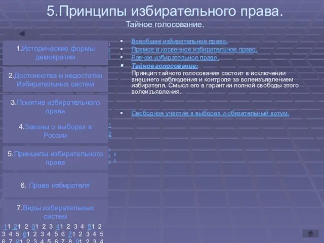 5.Принципы избирательного права. Тайное голосование. 1.Исторические формы демократии 2.Достоинства и недостатки Избирательных