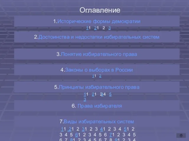 1.Исторические формы демократии 2.Достоинства и недостатки избирательных систем 3.Понятие избирательного права 4.Законы