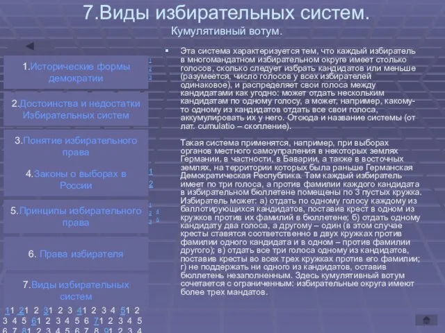 7.Виды избирательных систем. Кумулятивный вотум. Эта система характеризуется тем, что каждый избиратель