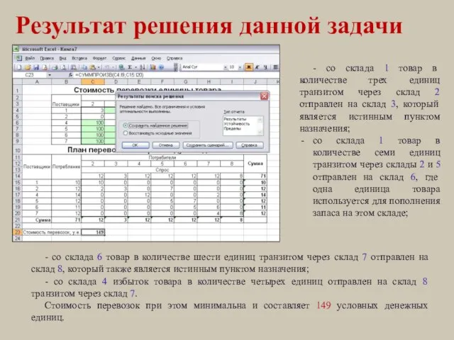 Результат решения данной задачи - со склада 6 товар в количестве шести