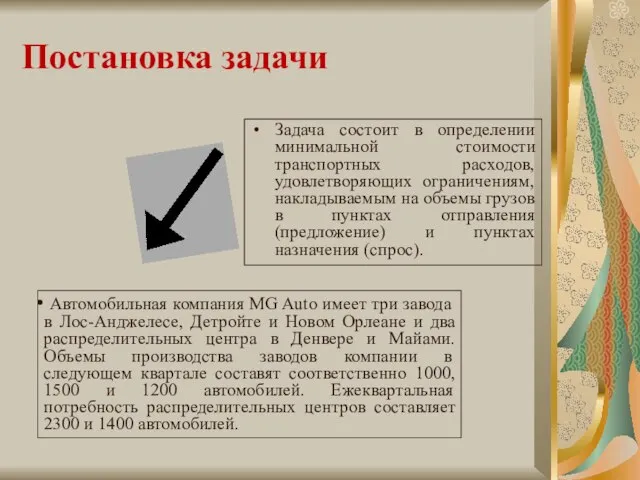 Постановка задачи Задача состоит в определении минимальной стоимости транспортных расходов, удовлетворяющих ограничениям,