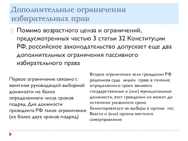 Дополнительные ограничения избирательных прав Помимо возрастного ценза и ограничений, предусмотренных частью 3