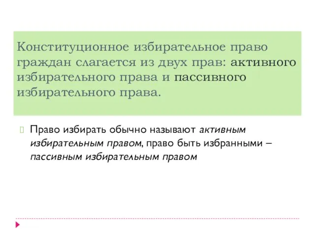 Конституционное избирательное право граждан слагается из двух прав: активного избирательного права и