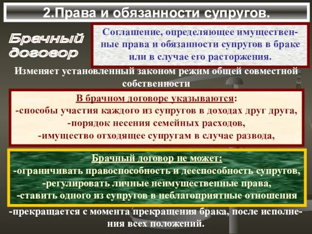 2.Права и обязанности супругов. Брачный договор Соглашение, определяющее имуществен-ные права и обязанности