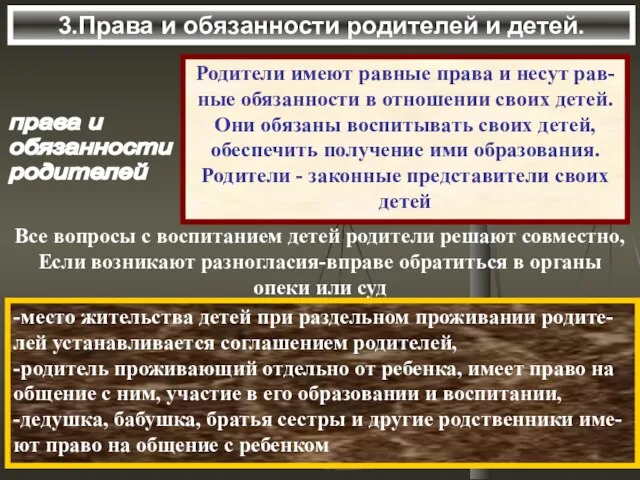 3.Права и обязанности родителей и детей. права и обязанности родителей Родители имеют