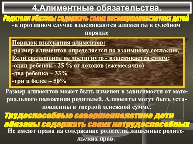 4.Алиментные обязательства. Родители обязаны содержать своих несовершеннослетних детей -в противном случае взыскиваются