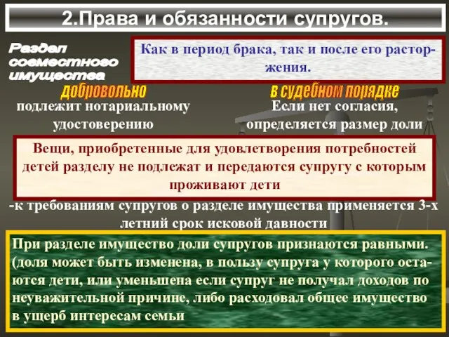 2.Права и обязанности супругов. Раздел совместного имущества Как в период брака, так