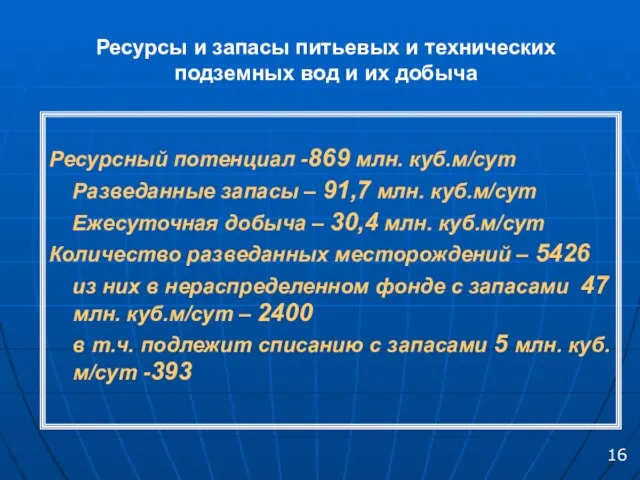 Ресурсы и запасы питьевых и технических подземных вод и их добыча Ресурсный