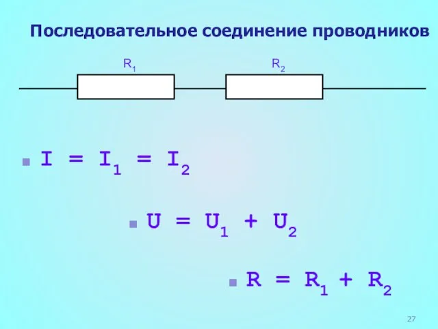 Последовательное соединение проводников I = I1 = I2 R = R1 +