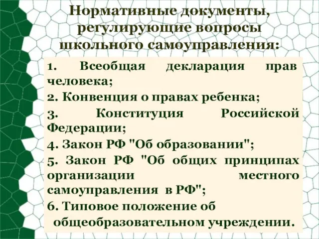 Нормативные документы, регулирующие вопросы школьного самоуправления: 1. Всеобщая декларация прав человека; 2.