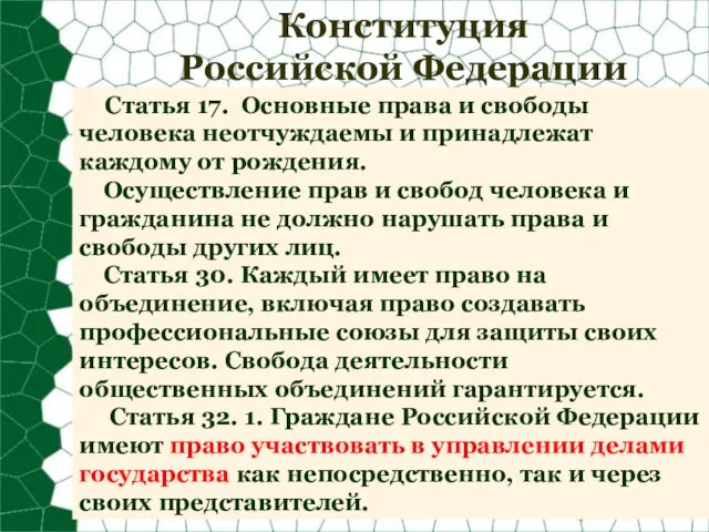 Конституция Российской Федерации Статья 17. Основные права и свободы человека неотчуждаемы и