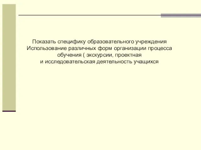 Показать специфику образовательного учреждения Использование различных форм организации процесса обучения ( экскурсии,