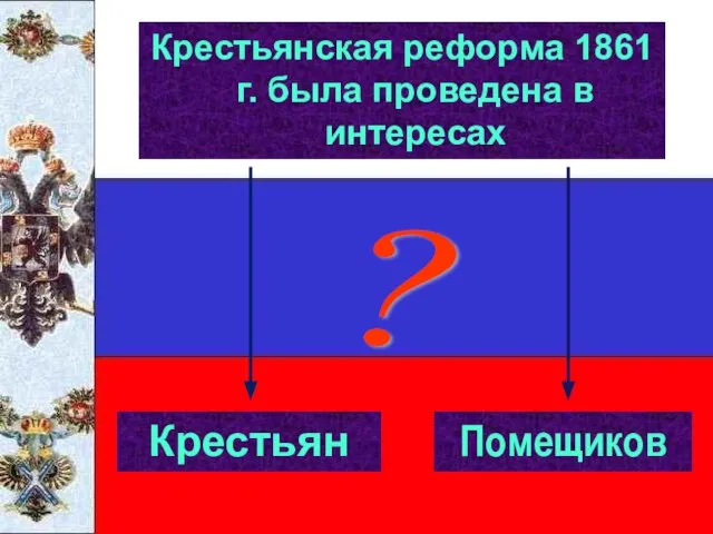 Крестьянская реформа 1861 г. была проведена в интересах Помещиков Крестьян ?