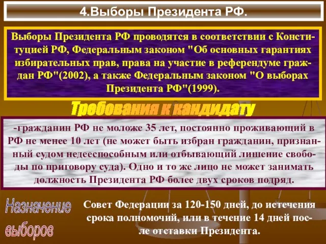 4.Выборы Президента РФ. Выборы Президента РФ проводятся в соответствии с Консти- туцией