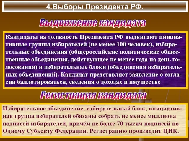 4.Выборы Президента РФ. Кандидаты на должность Президента РФ выдвигают инициа- тивные группы