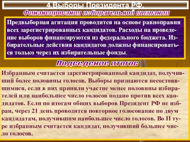 4.Выборы Президента РФ. Предвыборная агитация проводится на основе равноправия всех зарегистрированных кандидатов.