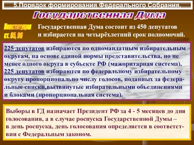 5.Порядок формирования Федерального Собрания. Государственная Дума Государственная Дума состоит из 450 депутатов