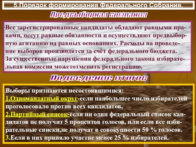 5.Порядок формирования Федерального Собрания. Предвыборная компания Все зарегистрированные кандидаты обладают равными пра-