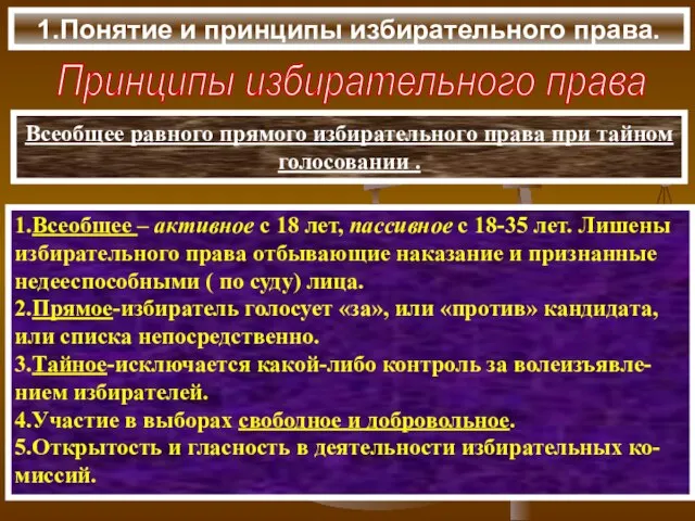 1.Понятие и принципы избирательного права. Всеобщее равного прямого избирательного права при тайном