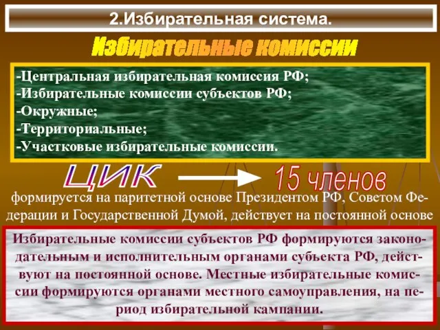 2.Избирательная система. -Центральная избирательная комиссия РФ; -Избирательные комиссии субъектов РФ; -Окружные; -Территориальные;