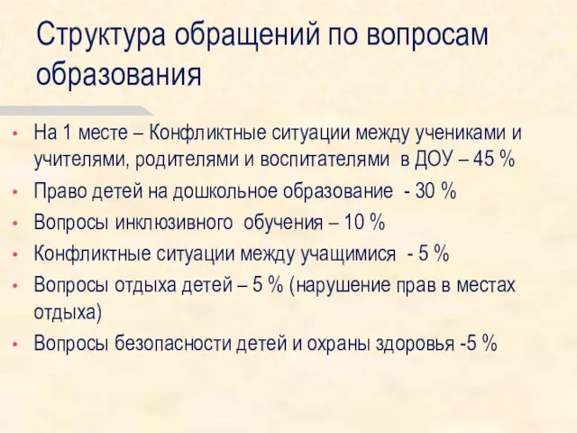 Структура обращений по вопросам образования На 1 месте – Конфликтные ситуации между