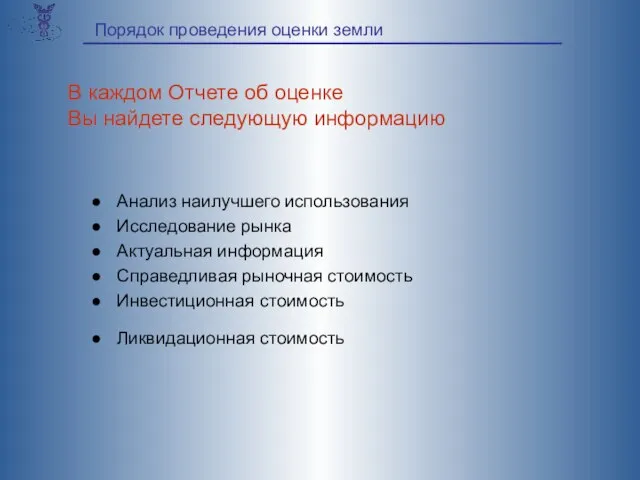 Анализ наилучшего использования Исследование рынка Актуальная информация Справедливая рыночная стоимость Инвестиционная стоимость