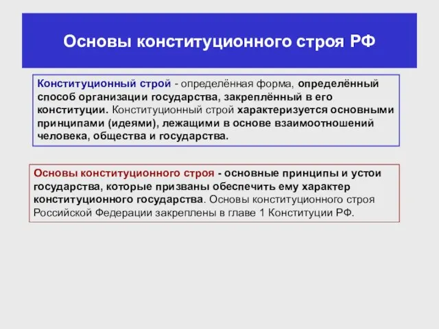 Основы конституционного строя РФ Конституционный строй - определённая форма, определённый способ организации