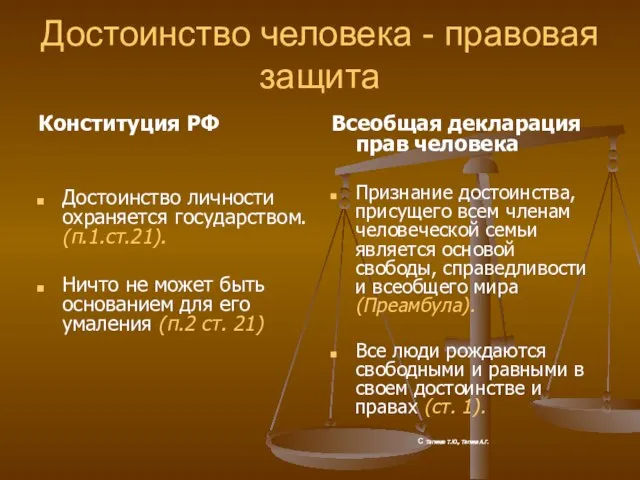 Достоинство человека - правовая защита Конституция РФ Достоинство личности охраняется государством. (п.1.ст.21).